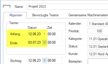 Projektanfang und -ende in Rillsoft festlegen
