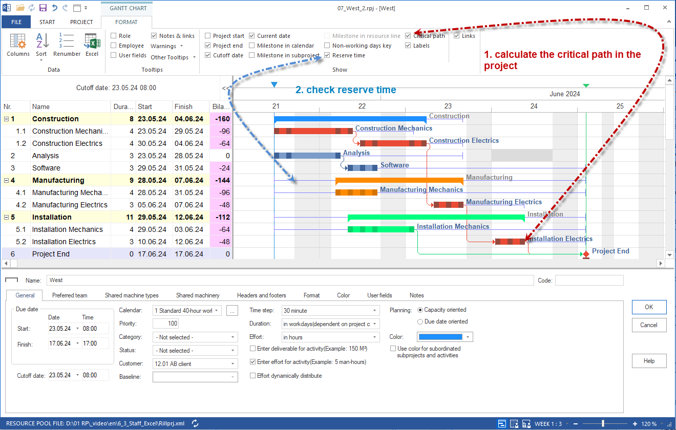 Calculation of the critical path and check of the reserve time