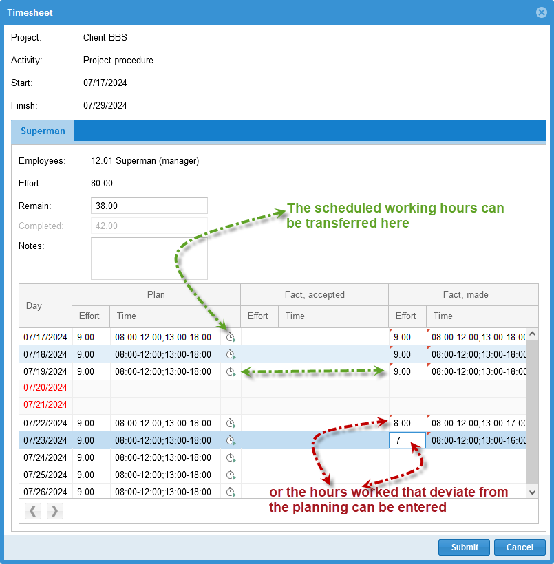 Time tracking input dialog detail