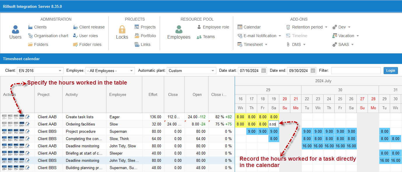 Time tracking working hours calendar