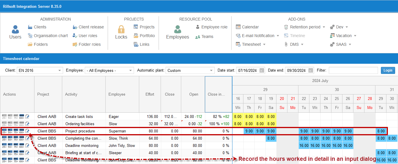 Time tracking working hours input dialog