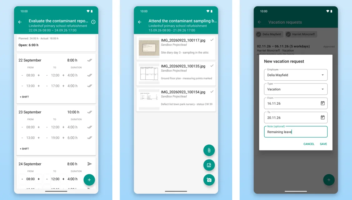 Rillsoft Connect on the smartphone: time tracking per task and day, photos and documents on the task, vacation request
